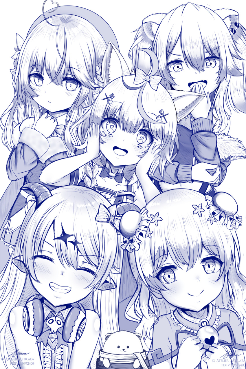 5girls ahoge animal_ears astraea_(atelierastraea) asymmetrical_horns bangs bell beret bow bowtie bun_cover club_hair_ornament commentary_request daifuku_(lamy_channel) demon_horns diamond_hair_ornament eyebrows_visible_through_hair fangs flower fox_ears hair_flower hair_ornament hat headphones headphones_around_neck heart heart-shaped_pupils heart_hair_ornament highres holofive hololive horn_bow horns jingle_bell lion_ears long_hair looking_at_viewer mano_aloe momosuzu_nene monochrome multiple_girls omaru_polka pointy_ears shirt shishiro_botan sleeveless sleeveless_shirt smile spade_hair_ornament symbol-shaped_pupils virtual_youtuber yukihana_lamy