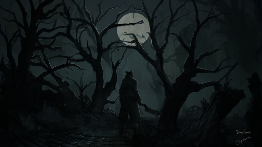 1other ambiguous_gender artist_name bare_tree bloodborne coat commentary dark facing_away fog forest from_behind hat highres holding hunter_(bloodborne) moon nature night night_sky outdoors road saw_cleaver scenery sky solo standing tree tree_stump tricorne tripdancer weapon