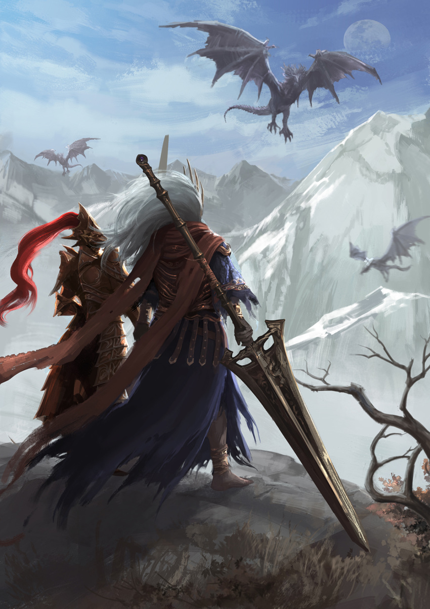 2boys anklet armor bare_tree blue_robe bracelet breastplate cliff clouds crown dark_souls dark_souls_iii dragon dragon_slayer_ornstein facing_away faulds flying full_body full_moon gold_armor helmet highres holding holding_spear holding_weapon jewelry knight long_hair looking_at_another male_focus mephisto_24 moon mountain multiple_boys nameless_king no_shoes outdoors pauldrons plume polearm red_scarf scarf shoulder_armor souls_(from_software) spear tree weapon western_dragon white_hair