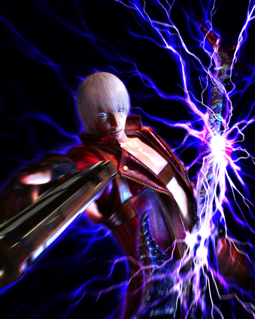 1boy absurdres black_background blue_eyes coat dante_(devil_may_cry) devil_may_cry devil_may_cry_3 ebony_&amp;_ivory electric_guitar electricity fingerless_gloves gloves guitar gun handgun highres instrument looking_at_viewer male_focus nevan_(weapon) official_art pistol red_coat solo solo_focus weapon white_hair