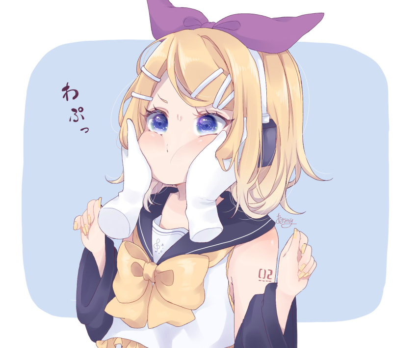 1girl adapted_costume aomidori_(em_em37) arm_tattoo bangs bare_shoulders blonde_hair blue_eyes bow bowtie cheek_squash detached_collar disembodied_limb eyelashes frills hair_ornament hair_ribbon hairclip hand_in_hair hands_on_another's_cheeks hands_on_another's_face headphones highres kagamine_rin looking_away nail_polish number purple_ribbon ribbon sailor_collar short_hair swept_bangs tattoo treble_clef upper_body vocaloid w_arms yellow_bow yellow_nails yellow_neckwear