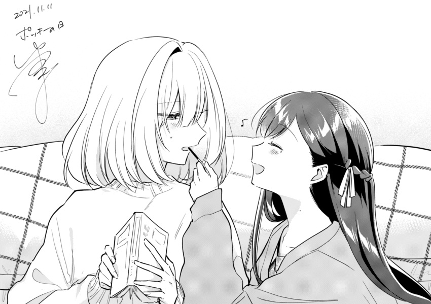 2girls asaka_kaori bangs blush book braid commentary dated eighth_note feeding food greyscale hair_ribbon highres holding holding_book hoshikawa_shizuku kimi_to_tsuzuru_utakata long_hair mole mole_on_neck mole_under_eye monochrome multiple_girls musical_note open_mouth pocky pocky_day ribbon short_hair signature smile sweatdrop sweater upper_body yuama_(drop) yuri