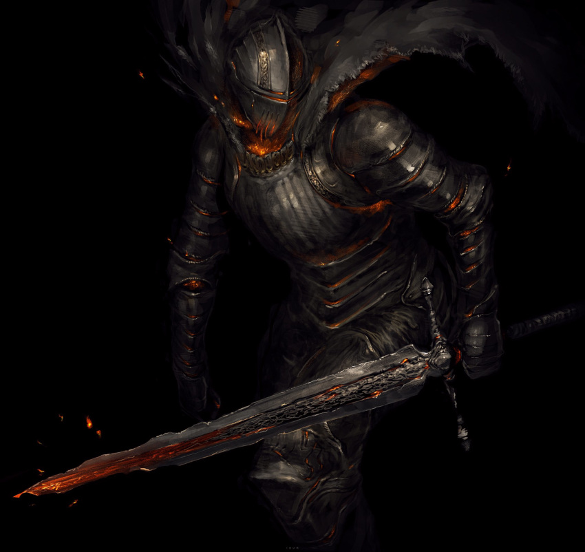 1other ambiguous_gender arm_at_side armor armored_boots black_armor black_background boots broken broken_sword broken_weapon cape dark_souls embers full_armor gauntlets helm helmet highres holding holding_sword holding_weapon ibuo_(ibukht1015) knight shoulder_armor simple_background souls_(from_software) spaulders sword torn_cape torn_clothes weapon