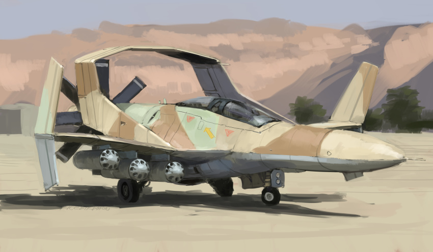 aircraft airplane desert highres hozumi_(ouchan) jet military no_humans original propeller rocket_launcher solo vehicle_focus weapon window