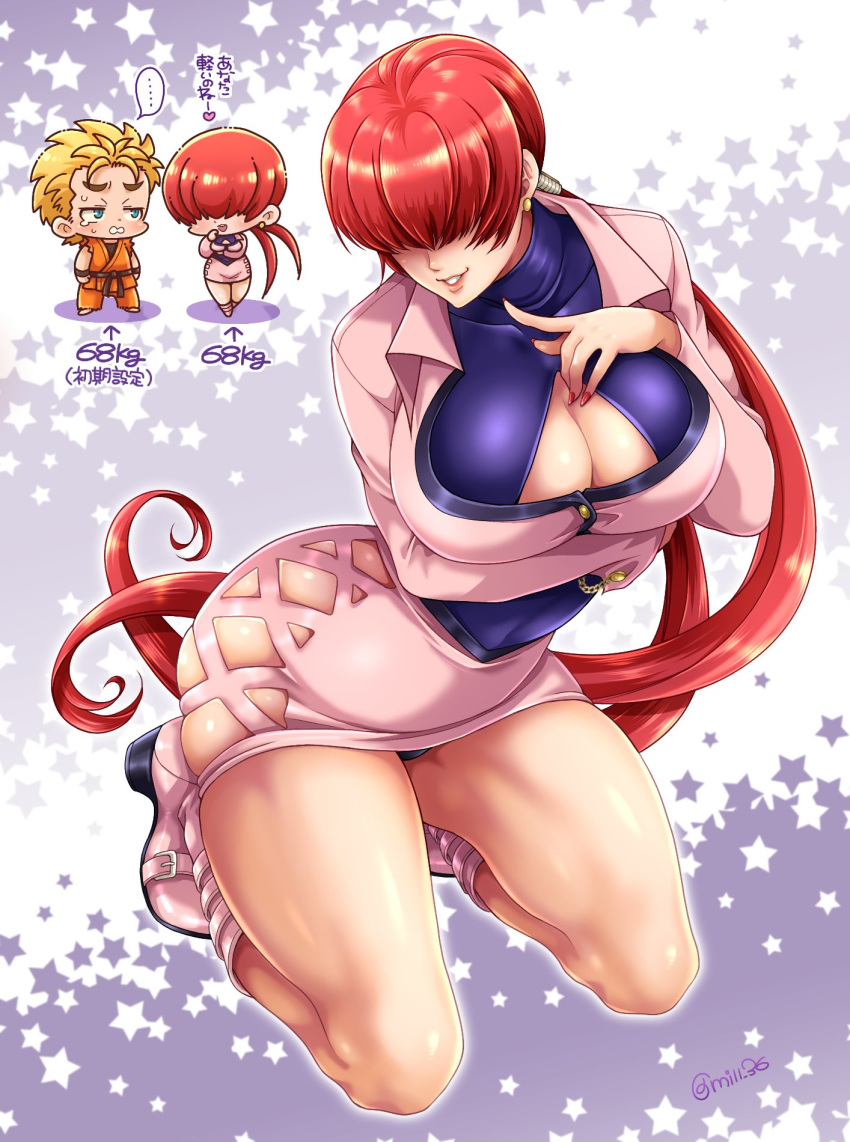 1boy 1girl breast_hold breasts chibi cleavage_cutout ear_piercing full_body hair_over_eyes highres kneeling large_breasts long_hair long_sleeves miru_(mill_36) parted_lips piercing redhead ryou_sakazaki shermie_(kof) skindentation smile split_ponytail starry_background the_king_of_fighters thighs translation_request twitter_username undershirt very_long_hair weight_conscious