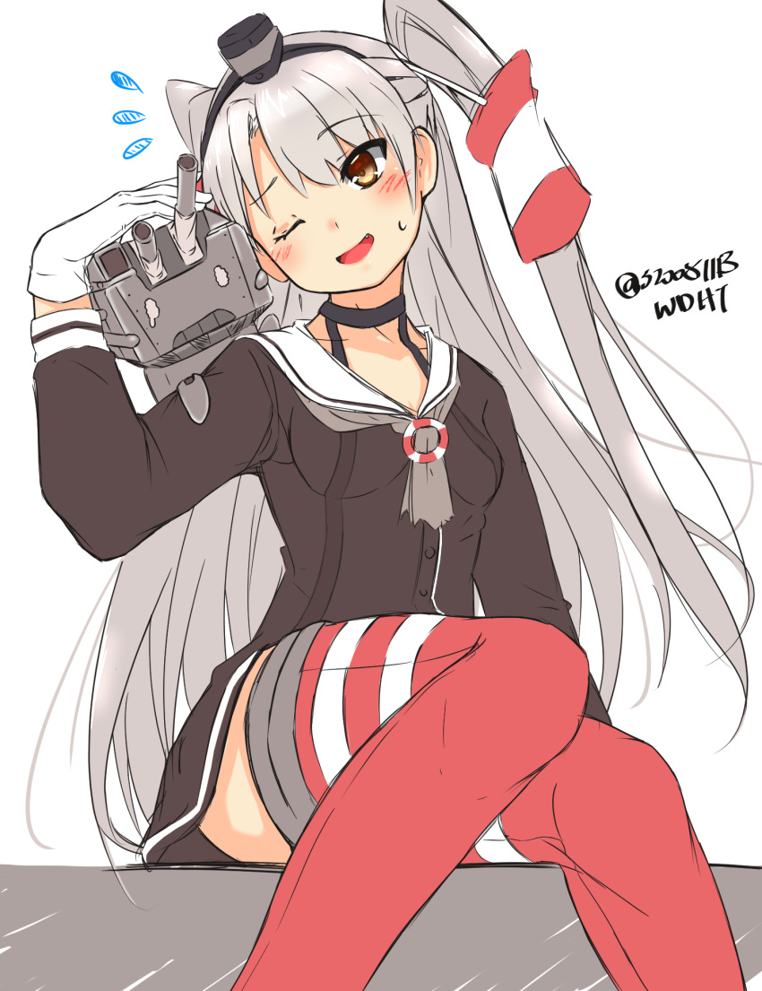 1girl amatsukaze_(kantai_collection) brown_dress brown_eyes brown_neckwear commentary_request dress feet_out_of_frame garter_straps gloves hair_tubes hat highres kantai_collection lifebuoy_ornament long_hair mini_hat neckerchief one_eye_closed red_legwear rensouhou-kun s20051113 sailor_collar sailor_dress short_dress silver_hair simple_background single_glove sitting smile smokestack_hair_ornament striped striped_legwear thigh-highs two_side_up white_background white_gloves white_sailor_collar windsock