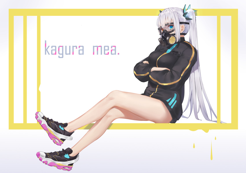 1girl 592683801 absurdres alternate_costume bangs barcode bare_legs black_jacket blue_eyes breasts character_name crossed_arms crossed_legs full_body gas_mask heterochromia highres jacket kagura_mea kagura_mea_channel large_breasts legs long_hair long_sleeves looking_at_viewer red_eyes shoes silver_hair sitting sneakers solo twintails very_long_hair virtual_youtuber visor