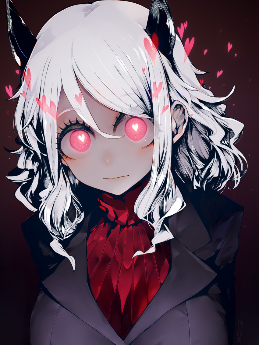 1girl bangs black_background black_horns black_jacket black_suit blush breasts closed_mouth commentary_request demon_girl demon_horns gradient gradient_background grey_hair hair_between_eyes heart heart-shaped_pupils helltaker highres horns jacket large_breasts long_hair long_sleeves looking_at_viewer modeus_(helltaker) red_background red_eyes red_sweater ribbed_sweater solo susumu sweater symbol-shaped_pupils turtleneck upper_body white_hair