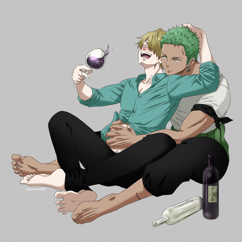 2boys alcohol blonde_hair bottle chest couple full_body green_hair hair_over_one_eye hand_on_another's_head hand_under_clothes highres male_focus multiple_boys muscle one_piece pants pinattsu roronoa_zoro sanji short_hair toned toned_male undressing_another wine yaoi