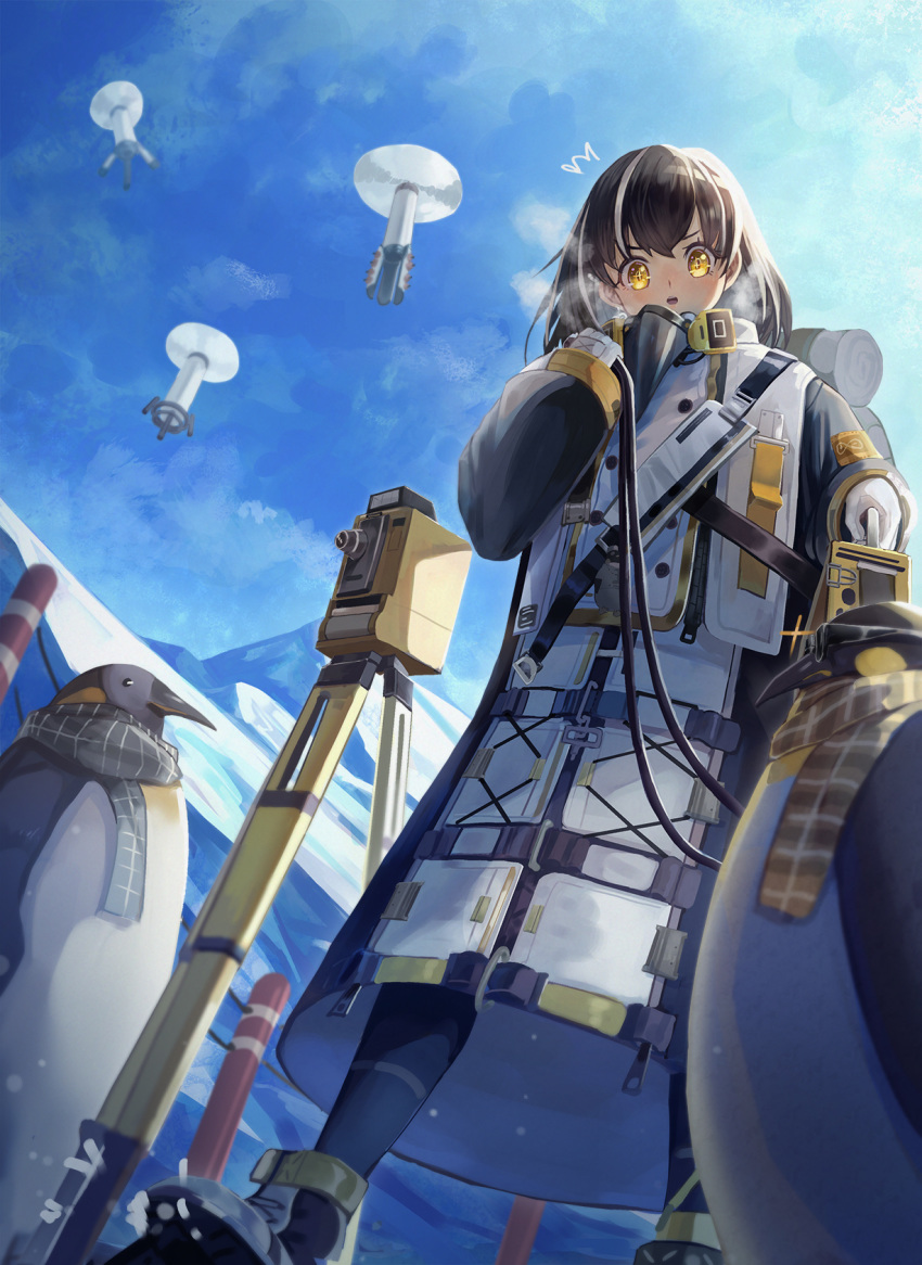 /\/\/\ 1girl animal arknights backpack bag beak_mask bird blue_sky blush boots breath brown_hair clothed_animal clouds cloudy_sky coat cold commentary day drone full_body glint gloves highres jewelry looking_at_viewer magallan_(arknights) mannouyakunta mask_around_neck multicolored_hair open_mouth outdoors penguin rhine_lab_logo scarf short_hair silver_hair single_earring sky solo standing strap streaked_hair sunglasses theodolite two-tone_hair white_coat white_footwear white_gloves winter_clothes winter_coat yellow_eyes