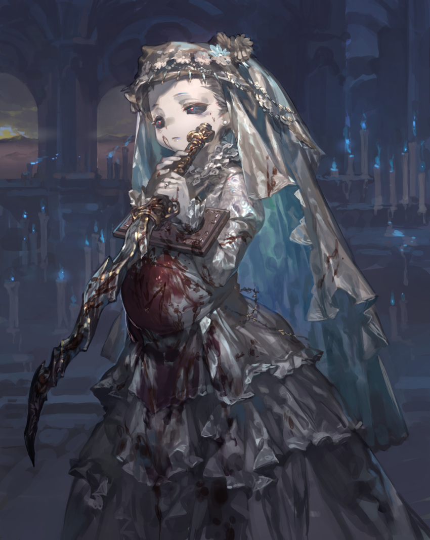 1girl black_sclera blood blood_on_face blood_stain bloodborne bloody_clothes brown_hair candle candlelight character_request check_character closed_mouth commentary_request dress earrings flower hair_ornament hands_up highres holding indoors jewelry loli long_sleeves pregnant red_eyes ring short_hair so-taro solo veil very_short_hair weapon yharnam_phtumerian_queen
