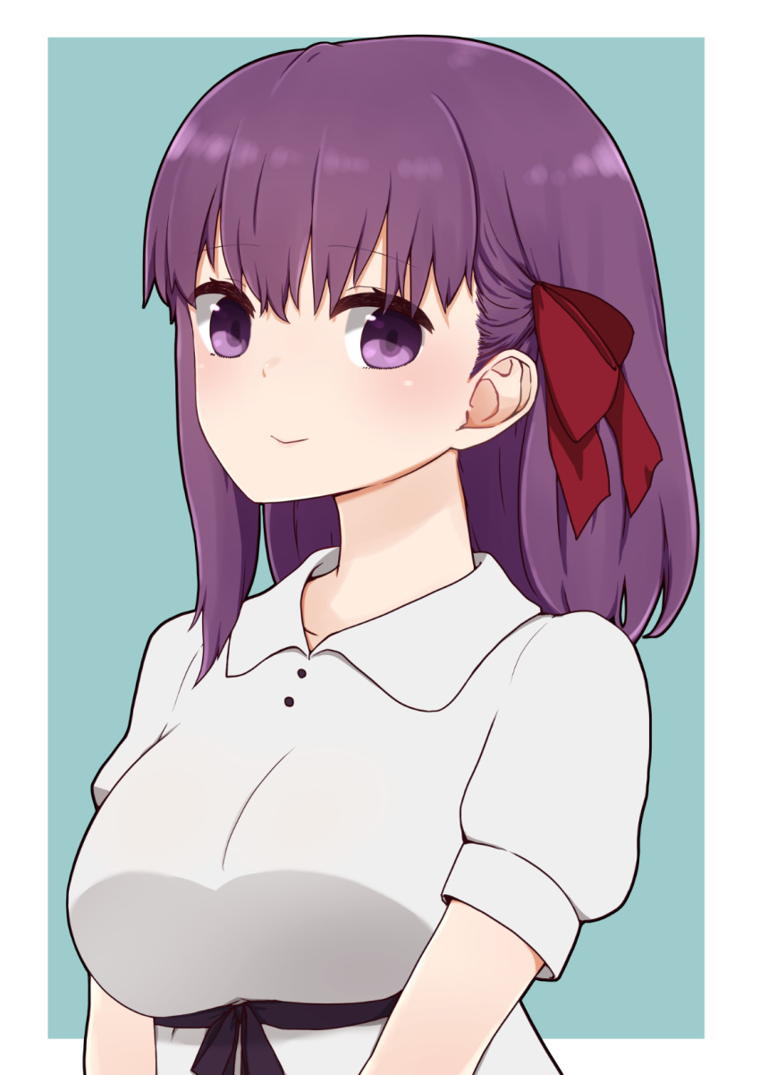 1girl bangs blue_background blush bow breasts closed_mouth collared_dress dress eyebrows_visible_through_hair fate/stay_night fate_(series) hair_between_eyes hair_bow highres i.u.y long_hair looking_at_viewer matou_sakura medium_breasts puffy_short_sleeves puffy_sleeves purple_hair red_bow short_sleeves smile solo two-tone_background upper_body violet_eyes white_background white_dress