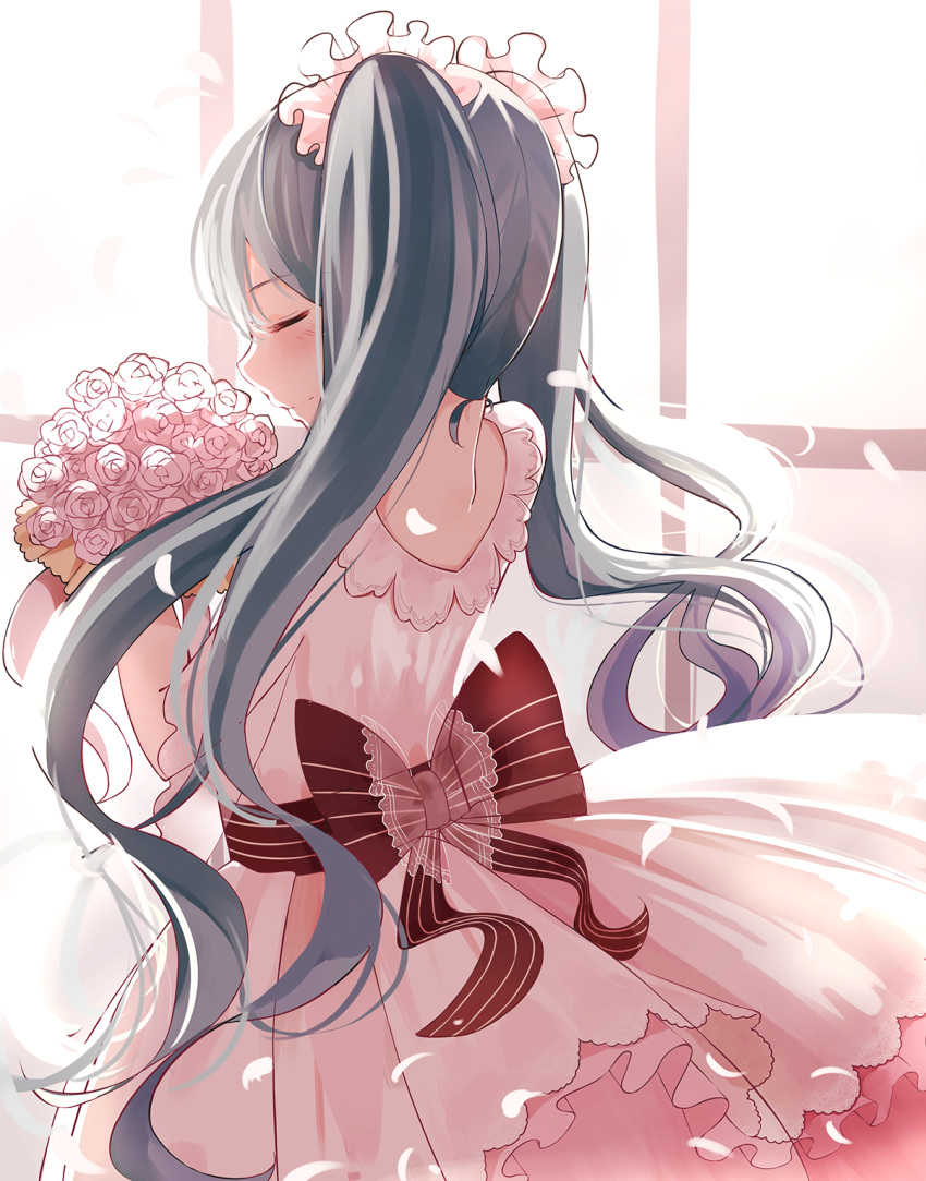 1girl back blush bouquet bow bride closed_eyes dress flower frills hatsune_miku highres petals ribbon rose smile standing twintails vocaloid wedding wedding_dress white_dress yep_(15238675)