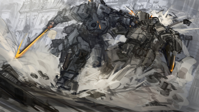 dust_cloud english_commentary falling fighting ground_shatter highres holding holding_sword holding_weapon looking_to_the_side mecha no_humans original punching sketch sword weapon xerbatt