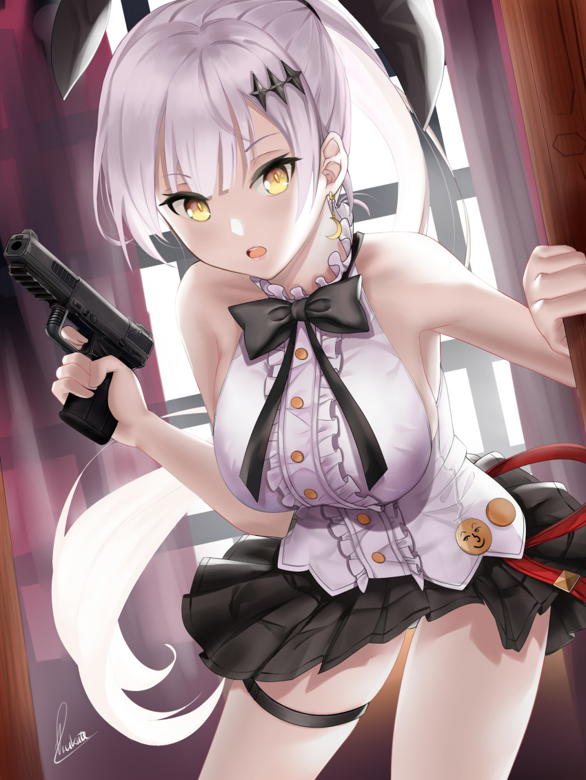 1girl animal_ears artist_name bare_shoulders barrette black_neckwear black_skirt bow bowtie breasts crescent crescent_earrings earrings eyebrows_visible_through_hair five-seven_(girls_frontline) five-seven_(gun) girls_frontline gun hair_ribbon handgun highres holding holding_gun holding_weapon jewelry long_hair looking_at_viewer medium_breasts open_eyes open_mouth pistol piukute062 rabbit_ears ribbon shirt silver_hair simple_background skirt solo weapon white_shirt yellow_eyes