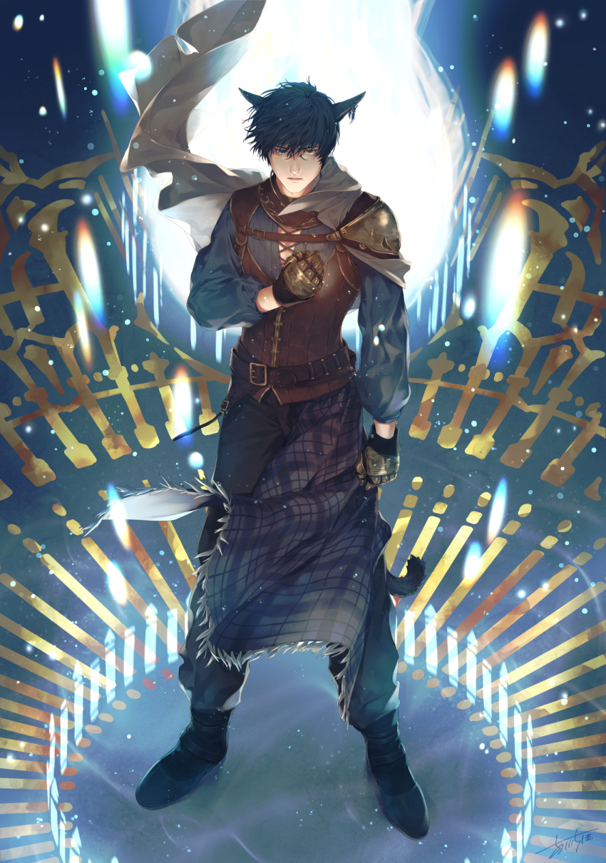 1boy animal_ears arm_at_side armor asymmetrical_clothes bangs belt black_hair blue_eyes cape cat_boy cat_ears cat_tail closed_mouth commentary_request earrings fictional_persona final_fantasy final_fantasy_xiv full_body furukawa_chiho gloves glowing hair_between_eyes hand_up heterochromia highres jewelry long_sleeves magic_circle male_focus miqo'te pants plaid serious shirt shoes short_hair shoulder_armor signature single_earring solo spoilers standing tail vest wind yellow_eyes