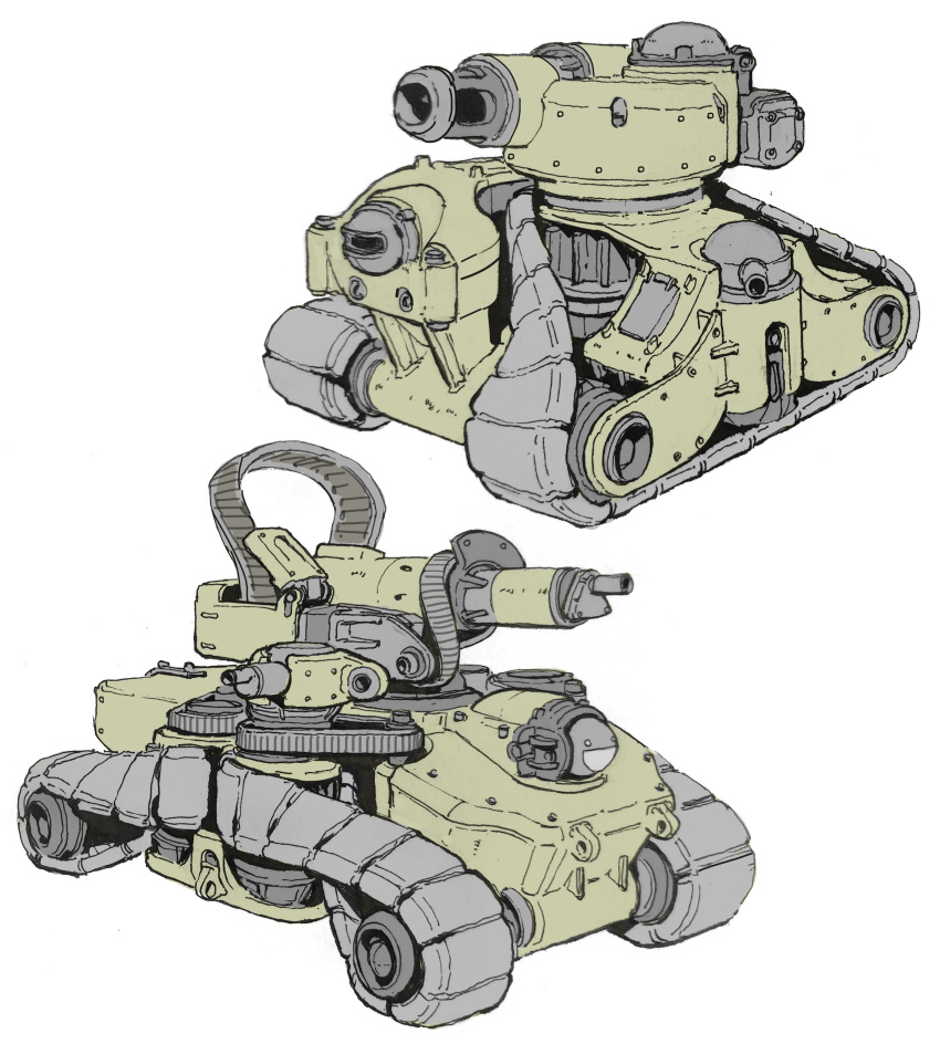 absurdres braydan_barrett english_commentary ground_vehicle gun highres military military_vehicle motor_vehicle multiple_views no_humans original parody tank turret vehicle_focus weapon what white_background