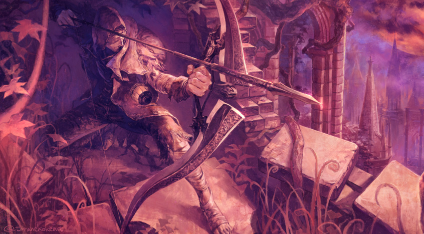 1boy arrow_(projectile) bandaged_head bandages bandages_over_eyes bloodborne bow_(weapon) clouds coat commentary_request drawing_bow fighting_stance foliage full_body full_moon holding holding_arrow holding_bow_(weapon) holding_weapon hood hood_up leg_wrap long_coat long_sleeves looking_away male_focus moon outdoors oyabin_(shikouann) pants red_theme simon_the_harrowed solo spire standing the_old_hunters tower twitter_username weapon