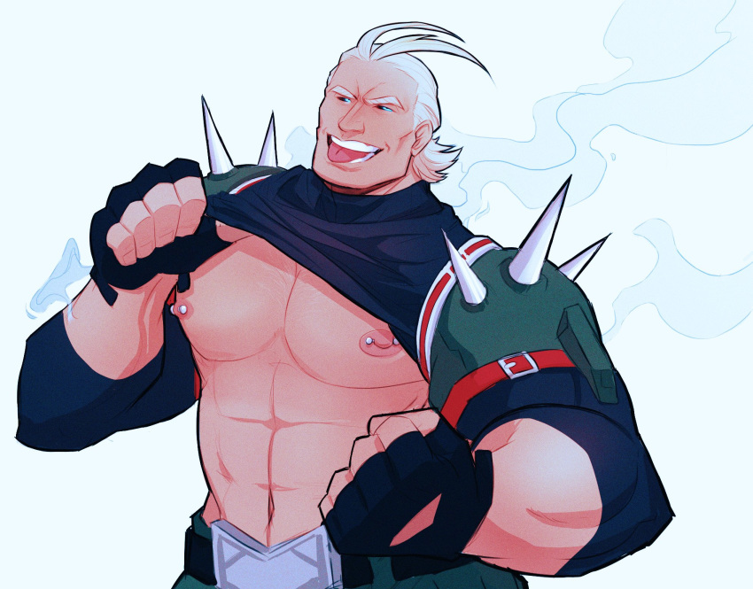 1boy abs all_might antenna_hair bara blonde_hair blue_eyes body_hair boku_no_hero_academia chest cosplay_request hair_slicked_back highres male_focus muscle navel nipple_piercing nipples pectorals piercing shirt_pull short_hair stormcallart thick_thighs thighs tongue tongue_out upper_body