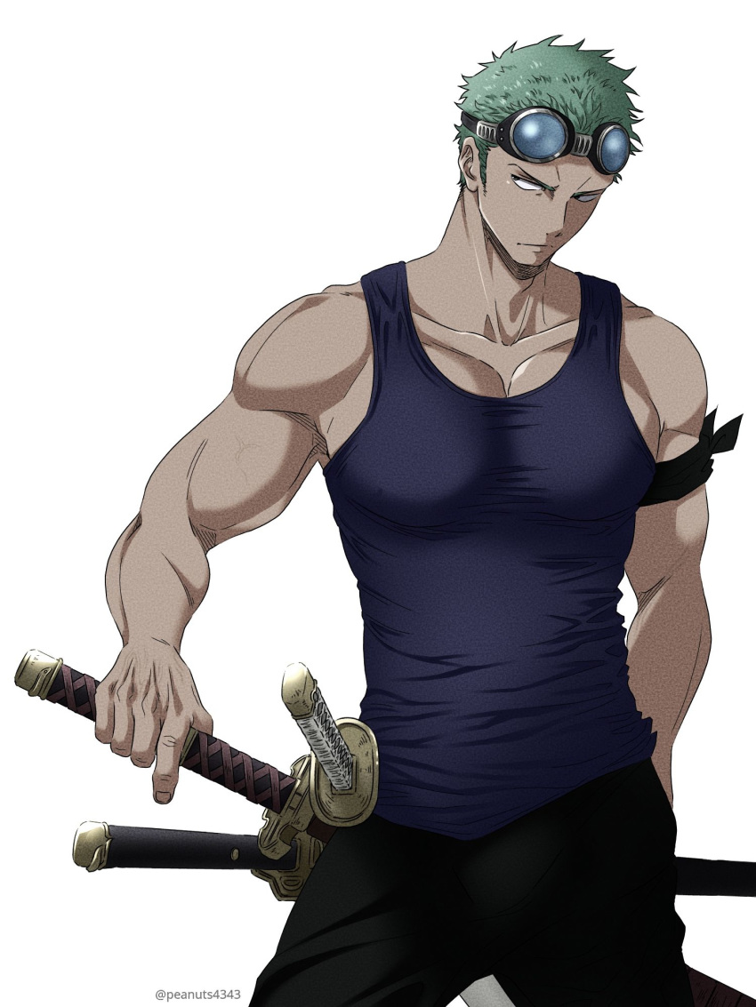 1boy bare_shoulders blue_tank_top chest earrings facial_scar goggles goggles_on_head green_hair highres jewelry katana male_focus muscle one_piece pants pectorals pinattsu roronoa_zoro scar short_hair sleeveless solo sword tank_top toned toned_male upper_body weapon