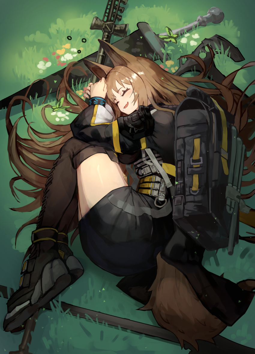1girl absurdres animal_ears arknights backpack bag black_footwear black_jacket black_legwear black_skirt blush boots breasts brown_hair ceobe_(arknights) closed_eyes commentary dog_ears dog_tail drooling fang fangs fetal_position flower from_above full_body grass hatchet highres jacket kneehighs long_hair lying mannouyakunta medium_breasts miniskirt on_side open_mouth saliva skin_fang skirt sleeping smile solo staff strap sword tail thighs weapon