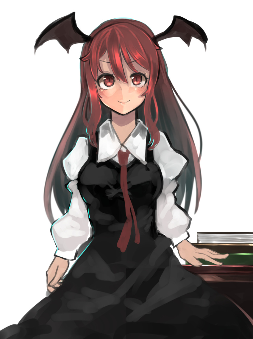 &gt;:) 1girl bat_wings black_dress blush book_stack breasts collared_shirt cowboy_shot dress dress_shirt head_wings highres juliet_sleeves koakuma long_hair long_sleeves looking_at_viewer lunateelf medium_breasts necktie pinafore_dress puffy_sleeves red_eyes red_neckwear redhead shirt shirt_under_dress simple_background sleeveless sleeveless_dress smile solo table touhou white_background white_shirt wings