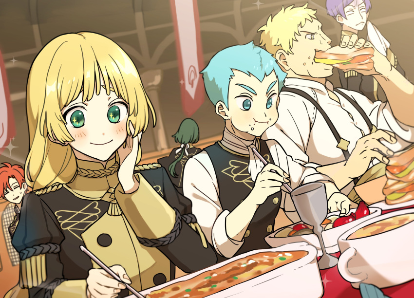 1girl 5boys ayuppe blonde_hair blue_eyes blue_hair caspar_von_bergliez closed_eyes closed_mouth cup eating fire_emblem fire_emblem:_three_houses food from_behind garreg_mach_monastery_uniform green_eyes green_hair highres holding ingrid_brandl_galatea linhardt_von_hevring long_hair long_sleeves lorenz_hellman_gloucester multiple_boys parted_lips purple_hair raphael_kirsten redhead sandwich short_hair smile sylvain_jose_gautier uniform yellow_eyes