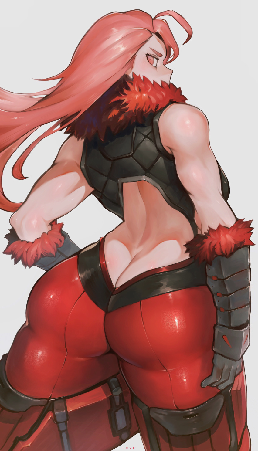 1girl absurdres ass at-100_beast_hunter from_behind fur_trim highres huge_ass ibuo_(ibukht1015) last_origin looking_back muscle muscular_female pink_eyes pink_hair solo thick_thighs thighs