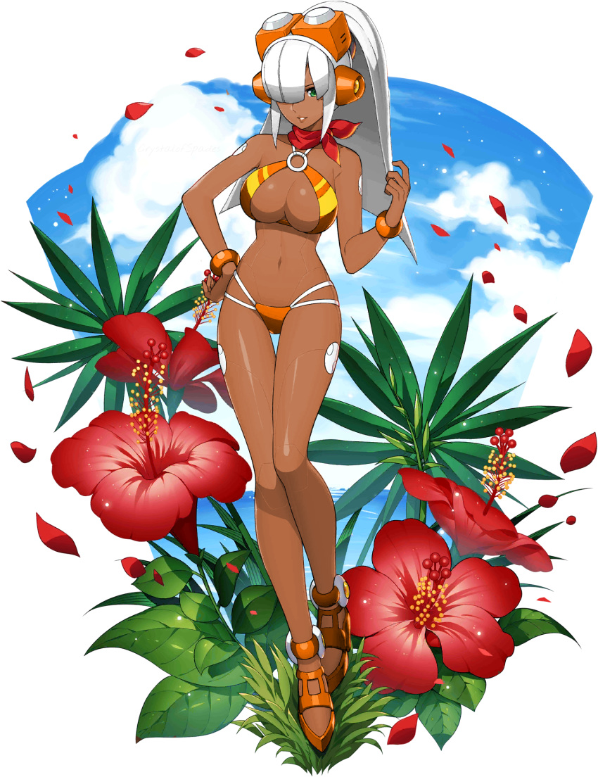 1girl alternate_color alternate_hair_color android bangs bikini blue_sky blunt_bangs bracelet breasts clouds flower full_body hair_over_one_eye hand_on_hip headset high_ponytail highres jewelry large_breasts layer_(rockman) long_hair looking_at_viewer mizuno_keisuke mole mole_under_eye official_art ponytail rockman rockman_x rockman_x_dive scarf silver_hair sky smile solo summer swimsuit transparent_background