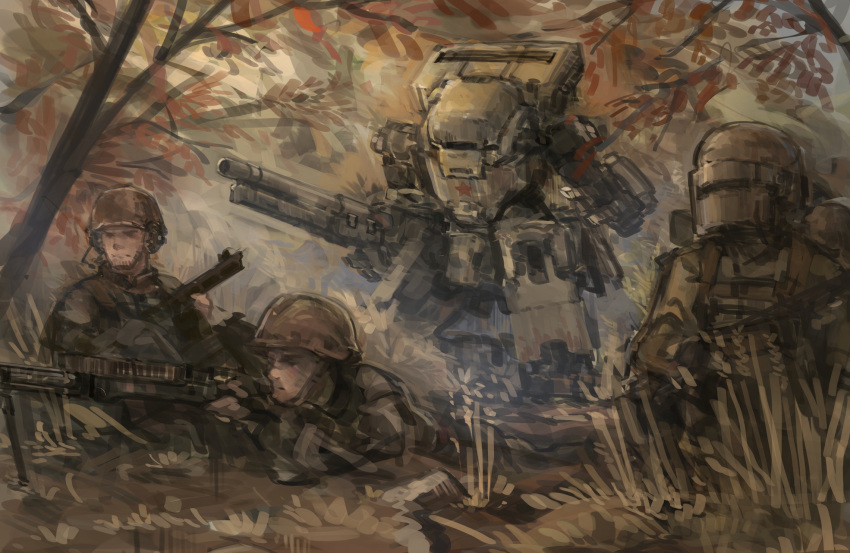 3boys aiming gun helmet highres holding holding_gun holding_weapon lying mecha military multiple_boys on_ground original soldier walking weapon xerbatt