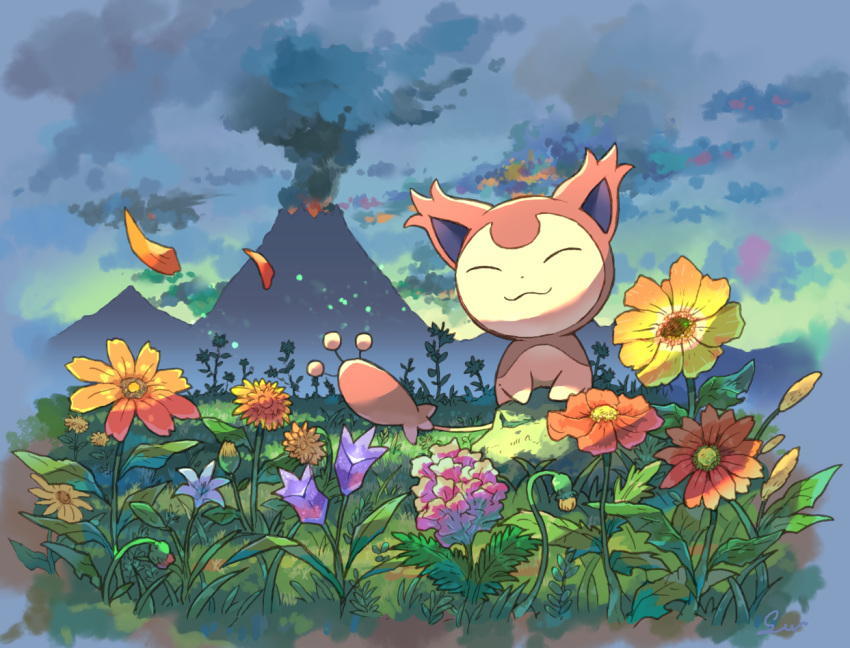 :3 closed_eyes closed_mouth clouds commentary_request flower gen_3_pokemon no_humans orange_flower outdoors petals pokemon pokemon_(creature) sen_pic silhouette skitty sky smile volcano yellow_flower