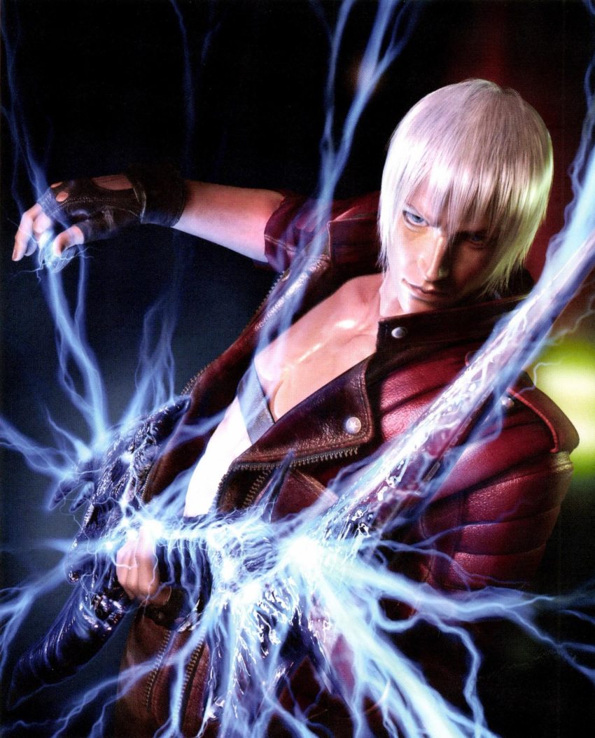 1boy blue_eyes coat dante_(devil_may_cry) devil_may_cry devil_may_cry_3 ebony_&amp;_ivory electric_guitar electricity fingerless_gloves gloves guitar highres instrument looking_at_viewer music nevan_(weapon) official_art playing_instrument red_coat solo white_hair