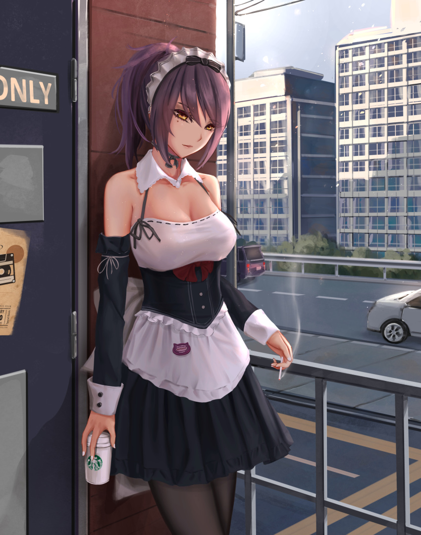 1girl apron black_dress black_legwear breasts building car cigarette city cityscape coffee_cup cowboy_shot cup day detached_sleeves disposable_cup dress driving ground_vehicle highres holding holding_cigarette holding_cup large_breasts maid maid_apron maid_headdress mole mole_under_eye motor_vehicle original outdoors pantyhose ponytail purple_hair road short_dress smoke solo standing starbucks waist_apron white_apron wrist_cuffs yellow_eyes yuzuriha