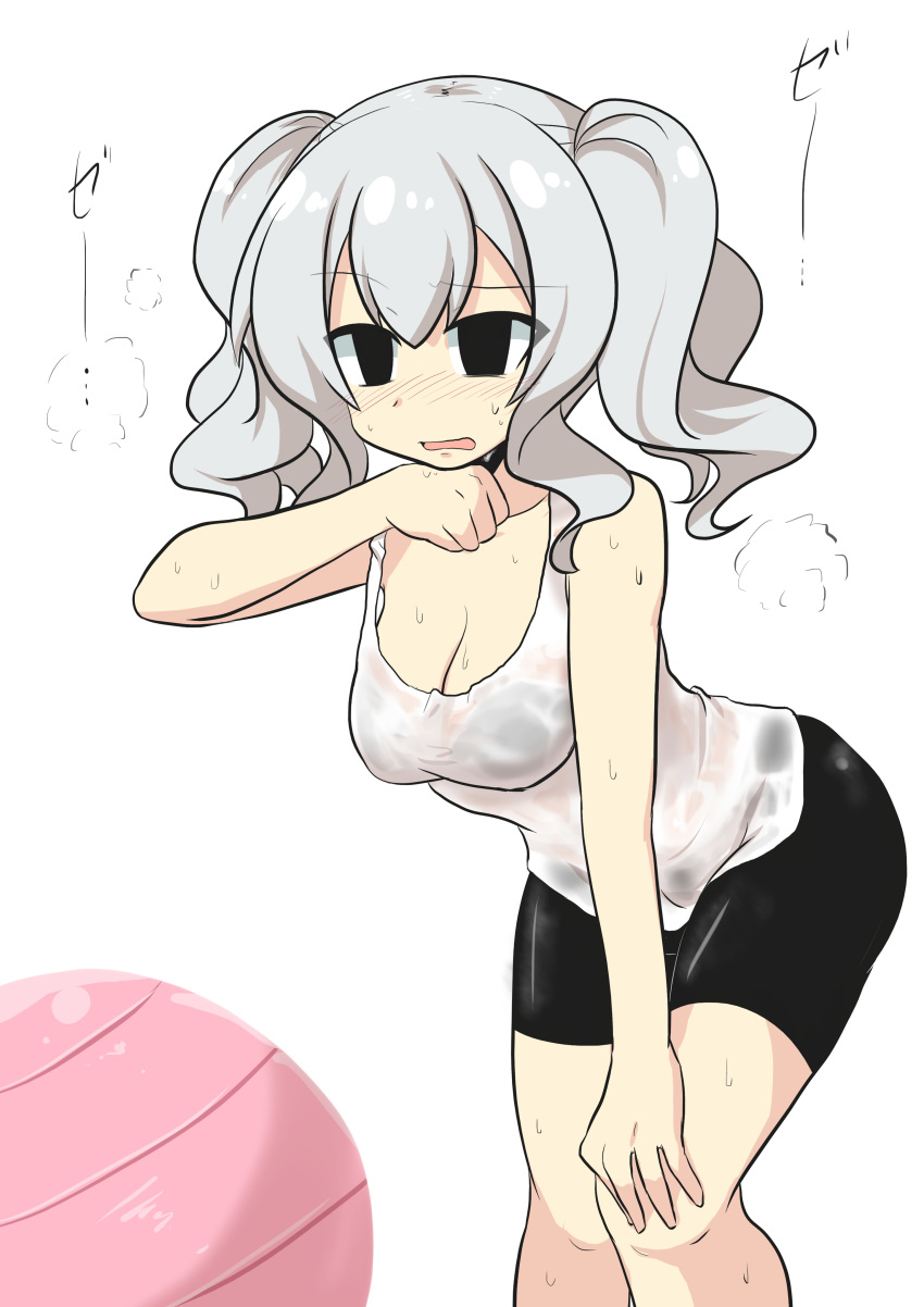 1girl absurdres ball bike_shorts blush breasts commentary_request exercise_ball eyebrows_visible_through_hair goma_(gomasamune) hair_between_eyes hand_on_knees heavy_breathing highres kantai_collection kashima_(kantai_collection) large_breasts leaning_forward no open_mouth see-through shirt solo sweat translation_request twintails wet wet_clothes wet_shirt