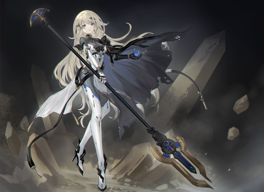 1girl absurdres asukayou black_cape blonde_hair blue_eyes bodysuit cape commentary_request crystal ear_piercing earrings full_body high_heels highres holding holding_polearm holding_weapon jewelry long_hair looking_at_viewer mecha_musume original pelvic_curtain piercing polearm prosthesis prosthetic_arm science_fiction skin_tight solo stud_earrings very_long_hair weapon