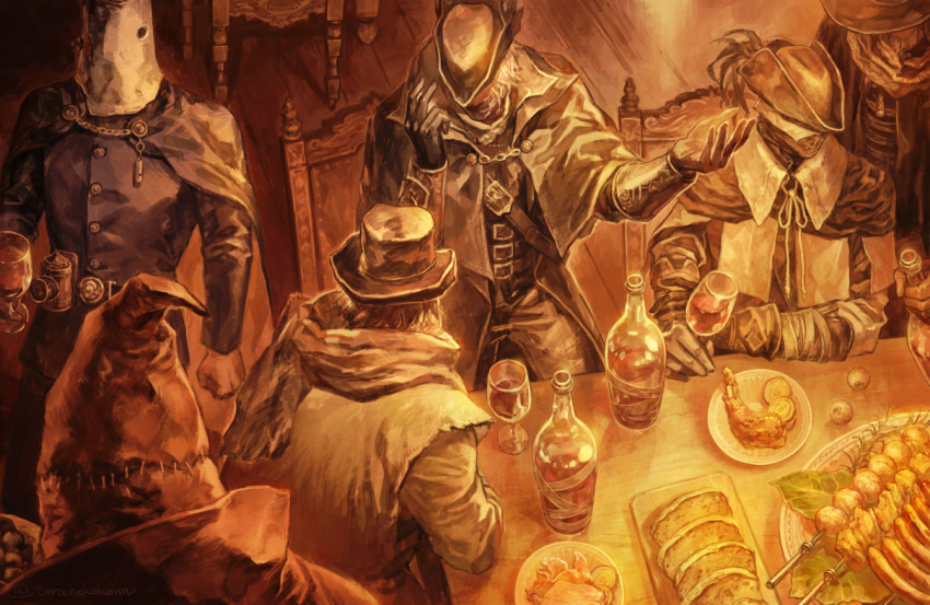 6+boys beard black_cape black_capelet black_coat black_gloves black_headwear bloodborne blue_shirt bottle bread buttons cape capelet chair coat cup elbows_on_table eyeball facial_hair facing_another father_gascoigne food gehrman_the_first_hunter gloves hands_up hat hat_over_eyes helmet henryk holding holding_cup hood hood_up hunter_(bloodborne) long_coat long_sleeves looking_at_another male_focus mask meat mouth_mask multiple_boys open_hands orange_theme oyabin_(shikouann) pants plate scarf shirt short_hair sitting skewer standing table top_hat tricorne valtr_(bloodborne) vambraces white_hair