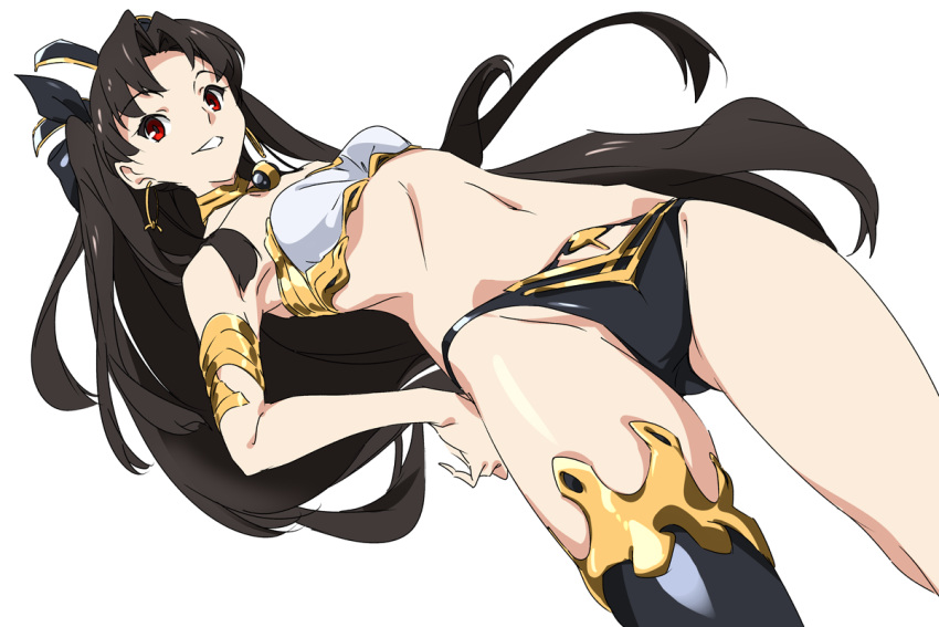 1girl black_hair black_legwear black_ribbon breasts fate/grand_order fate_(series) hair_ribbon hand_on_hip ishtar_(fate)_(all) ishtar_(fate/grand_order) long_hair looking_at_viewer medium_breasts midriff navel red_eyes ribbon simple_background single_thighhigh smile solo thigh-highs thighs two_side_up umanosuke white_background