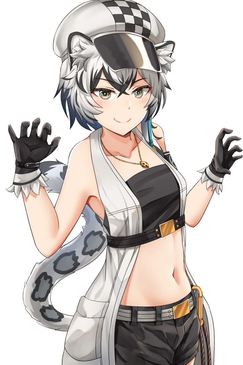 1girl animal_ear_fluff animal_ears arknights armbinder armpits bandeau bangs bare_shoulders black_gloves black_hair black_shorts blush breasts cabbie_hat checkered checkered_headwear cliffheart_(arknights) collarbone commentary cowboy_shot crossed_bangs eyebrows_visible_through_hair gloves grey_eyes groin hair_between_eyes hat highres jewelry leopard_ears leopard_tail looking_at_viewer midriff multicolored_hair navel necklace short_hair short_shorts shorts sidelocks silver_hair simple_background sleeveless_duster small_breasts smile solo springveiv standing streaked_hair tail underbust w_arms white_background