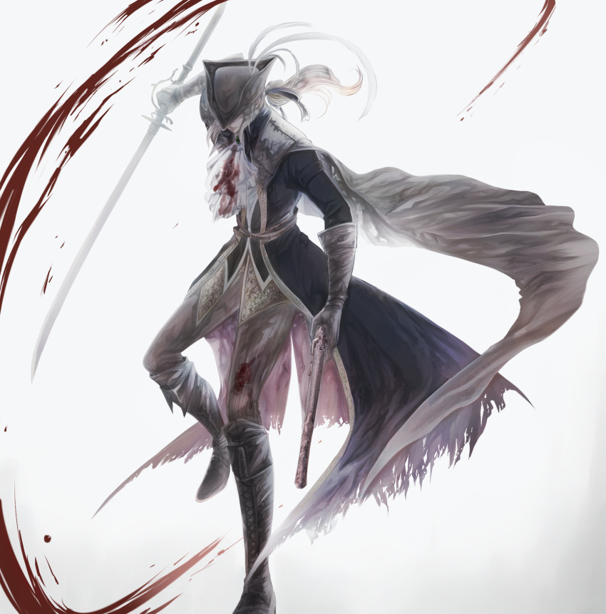 1girl ascot black_coat blonde_hair blood bloodborne bloody_clothes boots brown_cape brown_footwear brown_gloves cape coat double-blade facing_viewer full_body gloves gradient gradient_background grey_background gun hat hat_feather highres holding holding_gun holding_sword holding_weapon itsuki_(itsukiovo) lady_maria_of_the_astral_clocktower long_hair looking_down pants ponytail rakuyo_(bloodborne) solo striped striped_pants sword torn_clothes torn_coat tricorne weapon