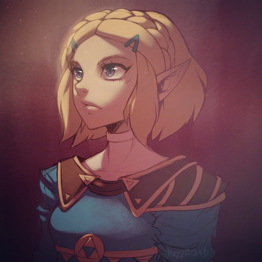 1girl bangs blonde_hair blue_eyes blue_tunic braid breasts commentary crown_braid english_commentary forehead hair_ornament hairclip highres hizzacked lips long_pointy_ears looking_up parted_bangs pointy_ears princess_zelda short_hair shoulder_pads sidelocks small_breasts solo the_legend_of_zelda the_legend_of_zelda:_breath_of_the_wild the_legend_of_zelda:_breath_of_the_wild_2 thick_eyebrows upper_body