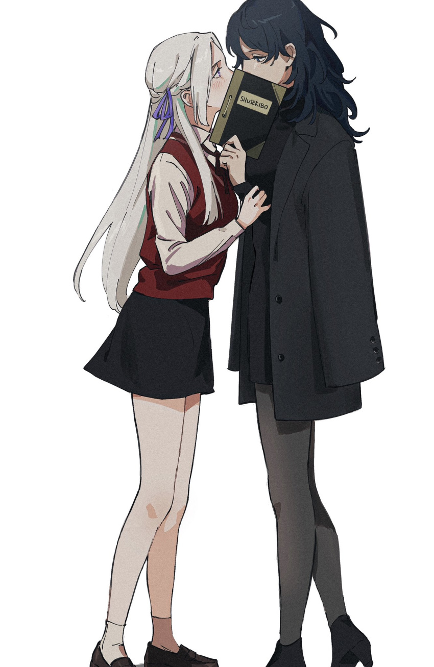 2girls blush byleth_(fire_emblem) byleth_eisner_(female) covering_mouth edelgard_von_hresvelg eye_contact fire_emblem fire_emblem:_three_houses hair_ribbon high_heels highres implied_kiss jacket jacket_on_shoulders long_hair looking_at_another multiple_girls necktie pantyhose purple_ribbon ribbon roru_(lol_dessin) school_uniform silver_hair vest yuri