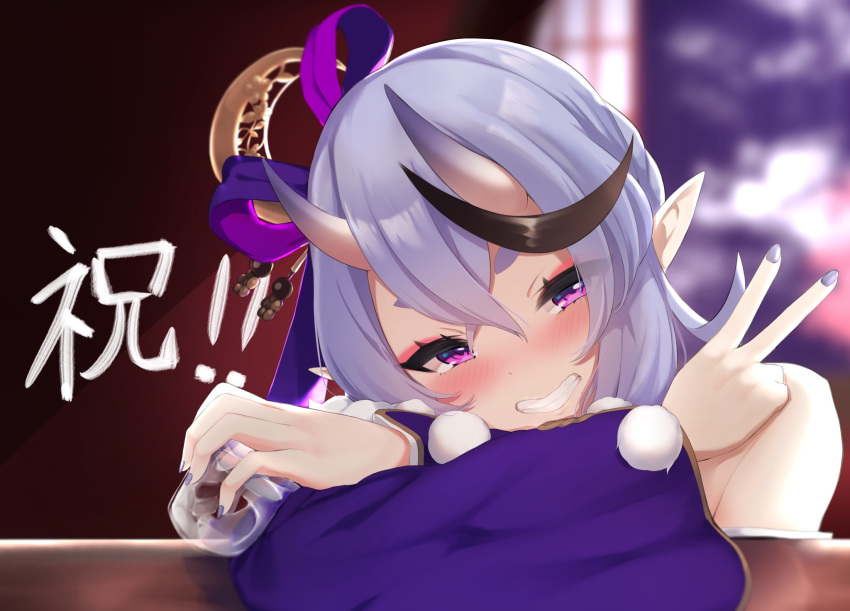 1girl bangs blush commentary highres horns japanese_clothes kimono lavender_hair long_hair looking_at_viewer mole mole_under_mouth multicolored_hair nijisanji oni oni_horns open_mouth purple_kimono rindou_mikoto short_eyebrows skin-covered_horns sleeves_past_wrists smile solo streaked_hair thick_eyebrows toshise. v violet_eyes virtual_youtuber