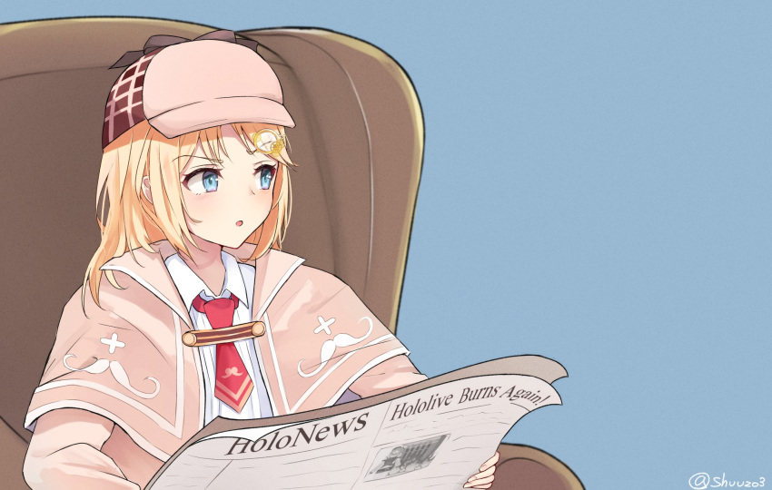 1girl blonde_hair blue_eyes copyright_name detective eyebrows_visible_through_hair hat highres hololive hololive_english meme mustache_print necktie newspaper shuuzo3 sitting solo tom_and_jerry tom_reading_the_newspaper virtual_youtuber watson_amelia