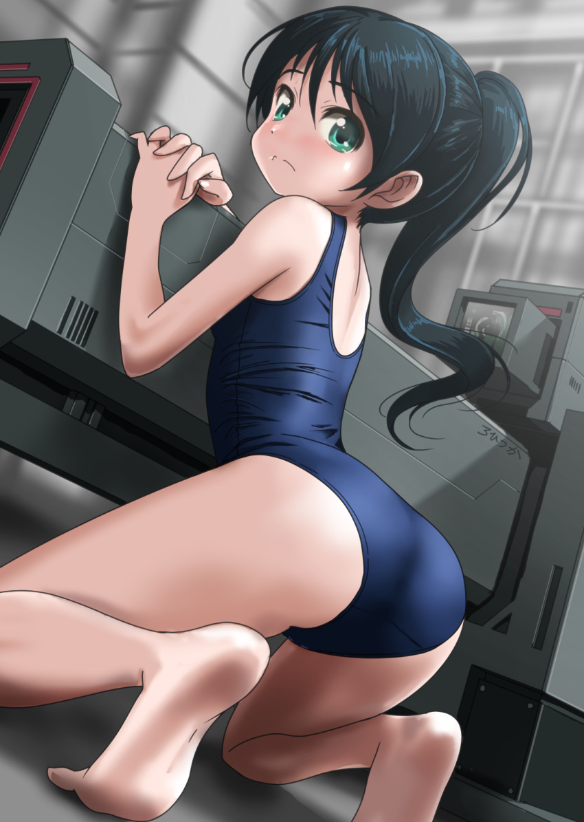 1girl ass barefoot black_hair blue_swimsuit commentary_request dutch_angle from_behind green_eyes hands_clasped highres kneeling long_hair looking_at_viewer looking_back original own_hands_together railgun rohitsuka school_swimsuit solo swimsuit