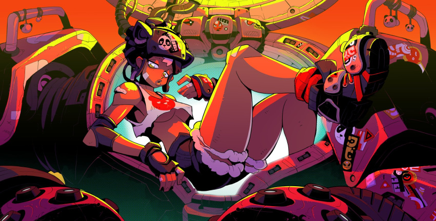 1girl black_gloves breasts cockpit crop_top doug_harvey english_commentary fingerless_gloves gloves helmet highres looking_down mecha original small_breasts solo under_boob
