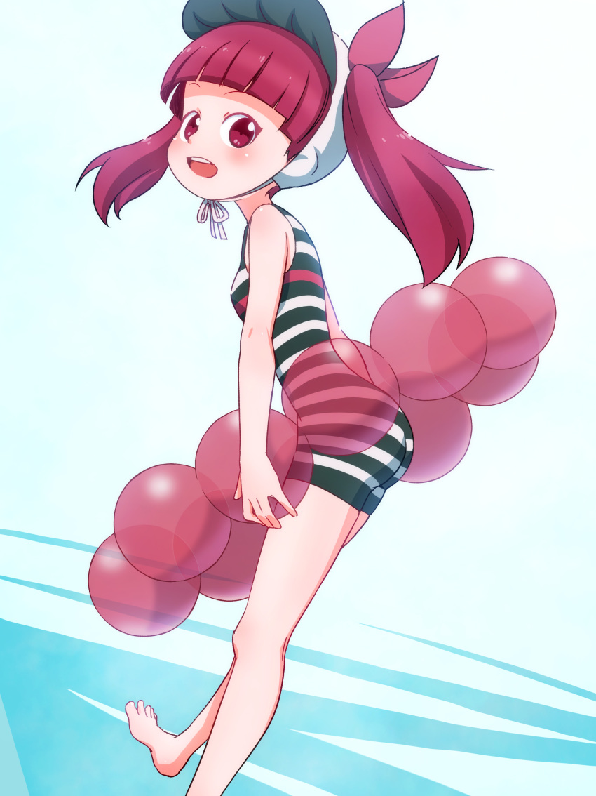 1girl :d absurdres bangs bare_arms bare_shoulders barefoot blunt_bangs bonnet commentary_request foot_out_of_frame highres innertube kemurikusa leaning_forward long_hair looking_at_viewer one-piece_swimsuit open_mouth red_eyes redhead rina_(kemurikusa) sat-c simple_background smile solo striped striped_swimsuit swimsuit twintails upper_teeth