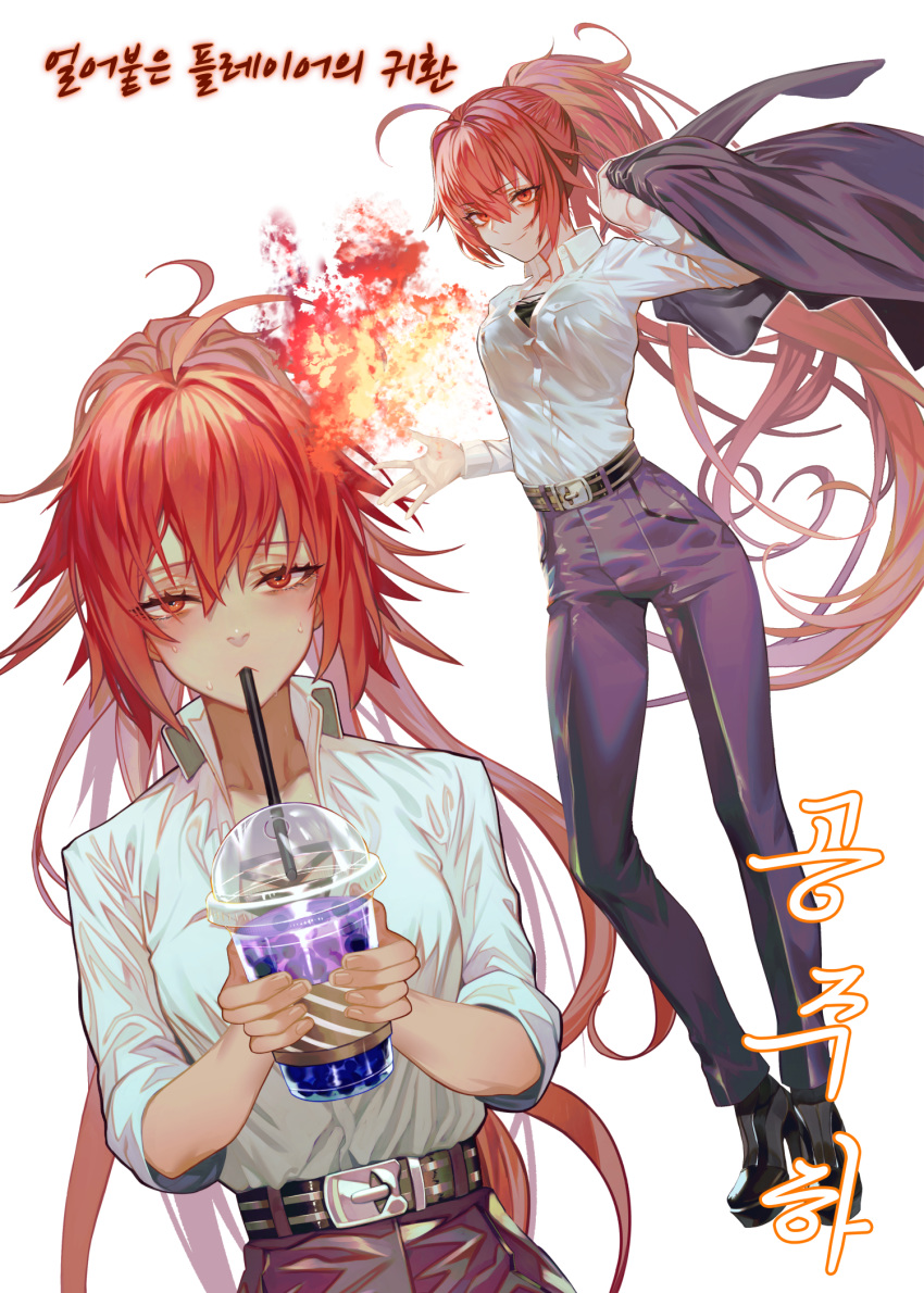 1girl ahoge bangs belt black_footwear blush breasts buckle collared_shirt cup drinking drinking_straw fire gyudong123 hair_between_eyes high_collar high_heels highres holding holding_cup jacket long_hair looking_at_viewer magic messy_hair multiple_views original pants ponytail purple_jacket purple_pants red_eyes redhead shirt sidelocks sleeves_folded_up smile sweatdrop white_shirt