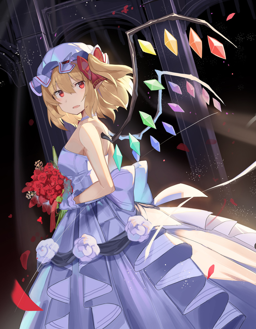 1girl arch bare_shoulders blonde_hair bouquet choker cowboy_shot dress dutch_angle eyebrows_visible_through_hair flandre_scarlet flower gloves hat highres looking_at_viewer looking_to_the_side mob_cap one_side_up open_mouth petals red_eyes red_flower rin_falcon solo strapless strapless_dress touhou waist_bow wedding_dress white_choker white_dress white_gloves white_headwear wings