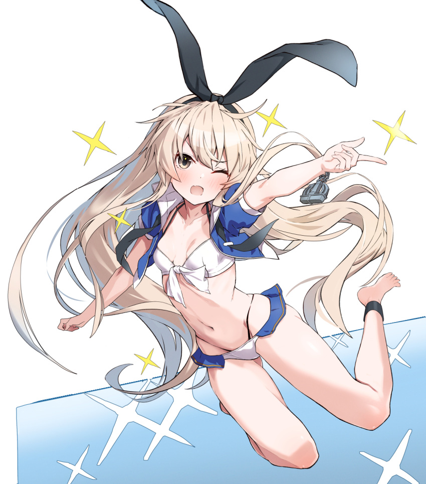 1girl bare_legs barefoot bikini black_panties blonde_hair blue_jacket blush breasts collarbone eyebrows_visible_through_hair full_body groin hair_between_eyes highleg highleg_panties highres jacket kantai_collection long_hair navel one_eye_closed open_clothes open_jacket open_mouth panties shimakaze_(kantai_collection) short_sleeves small_breasts solo swimsuit takanashi_kei_(hitsujikan) toes underwear white_bikini yellow_eyes