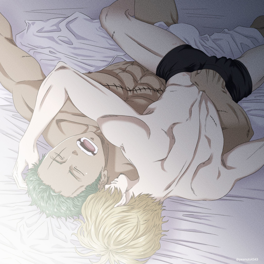 2boys abs back blonde_hair boxer_briefs bulge chest commentary couple cowboy_shot facial_scar green_hair hair_over_one_eye hand_on_another's_head hand_under_clothes highres legs_apart male_focus multiple_boys muscle nipples one_piece pinattsu roronoa_zoro sanji scar short_hair thighs toned toned_male underwear underwear_only